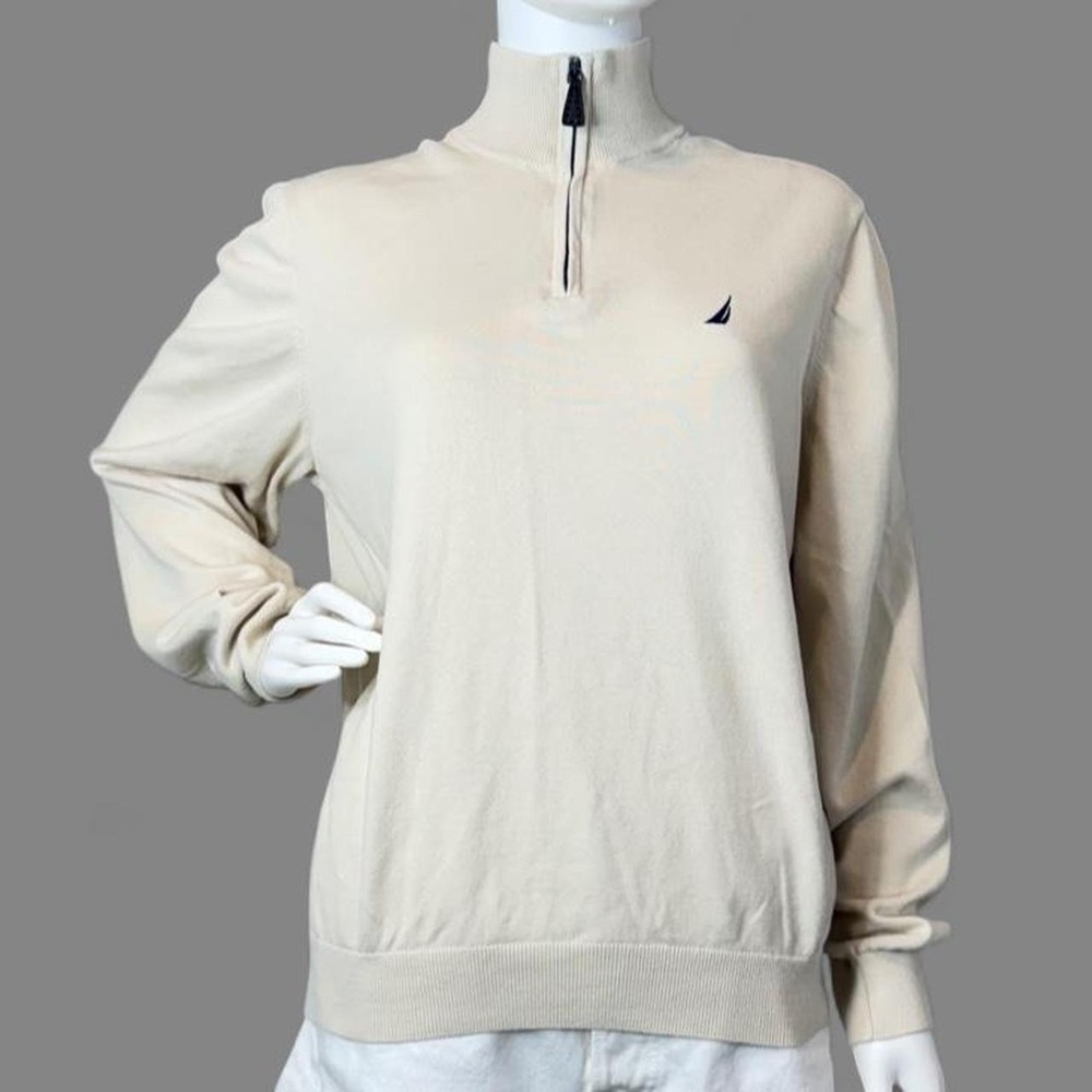 Nautica Womens Cream Beige 100% Cotton Quarter Zip Pullover Sweater Large S3720M